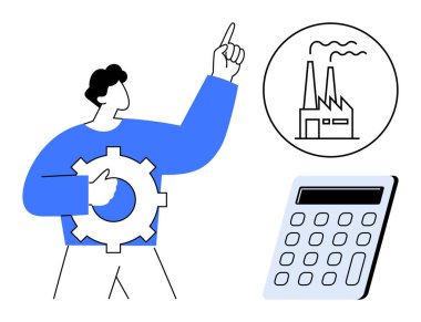 Person holding gear, pointing to factory and smoke icon in speech bubble, calculator below. Ideal for manufacturing, engineering, innovation, business strategy, industry, budgeting technology