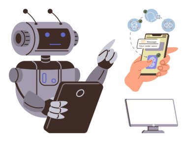 Humanoid robot using a tablet, hand entering security code on smartphone, closed desktop screen, and tech icons. Ideal for AI, automation, cybersecurity, data authentication, tech innovation user