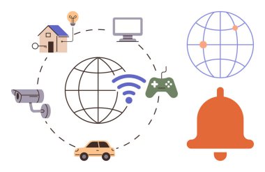 Networked smart home elements thumbs up security camera, car, home, computer, and game controller linked via wireless. Ideal for IoT, smart technology, automation, connectivity innovation security