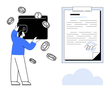 Man holding digital wallet with coins, document with signature, floating cloud. Ideal for finance, digital payments, contracts, cloud technology, e-signature transactions modern business. Simple