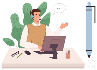 Man wearing headset at desk typing on computer, engaging with dialogue. Ideal for customer service, remote work, communication, support, teamwork, office culture, simple flat metaphor
