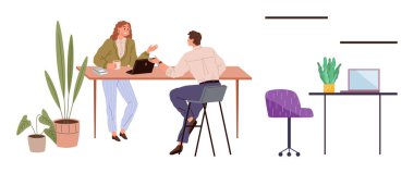 Two professionals engaging in discussion at a shared desk, accompanied by laptops, plants, and chairs. Ideal for teamwork, office communication, productivity, collaboration, coworking spaces modern