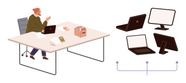 Person at office desk using laptop, surrounded by files. Nearby collection of screens and laptops highlights connectivity, remote work, digital tools. Ideal for productivity, work, communication