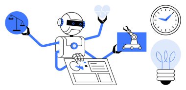 Robot holding scales, heart symbol, robotic arm, interface, managing tasks and ideas. Ideal for innovation, multitasking, AI automation balance efficiency decision-making. Simple flat metaphor
