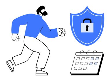 Man walking near blue shield with lock icon and spiral calendar, symbolizing planning, security, time management. Ideal for privacy, safety, deadlines, organization, strategy scheduling simple flat