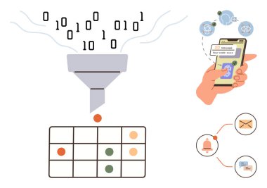 Data funnel processing binary code into output, mobile app showing AI-driven notifications, automation icons. Ideal for data analysis, AI, automation, notifications, communication, technology