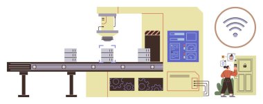 Factory worker operating control panel as robotic arm processes items on conveyor. Ideal for industry, automation, IoT, manufacturing, technology integration, innovation, process optimization, simple