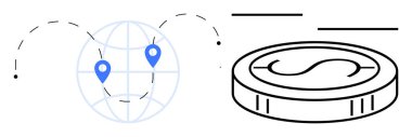 Blue location pins on a globe connected by dashed lines alongside a coin symbolizing global money transfer. Ideal for finance, international trade, economy, fintech, travel, logistics, simple flat