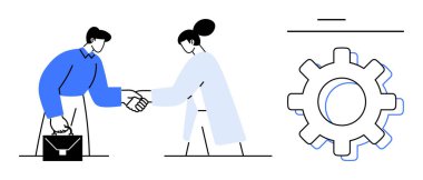 Two individuals shaking hands, one holding a briefcase, beside a large gear. Ideal for partnership, teamwork, business deal, collaboration, process efficiency agreement negotiation. Simple flat