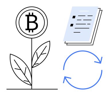 Bitcoin plant symbolizing cryptocurrency growth, document representing guidelines, circular arrows for reinvestment. Ideal for finance, blockchain, sustainability, guidelines, growth, reinvestment