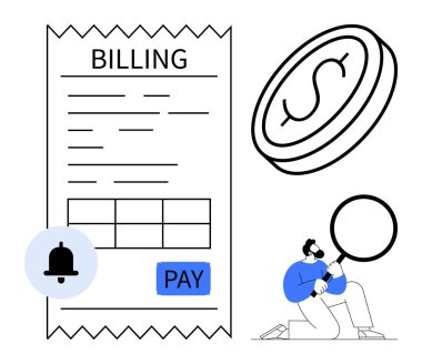 Billing receipt with highlighted pay button, notification bell, large dollar coin, and person inspecting with magnifier. Ideal for payments, invoices, financial analysis, reminders, budgeting online