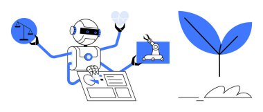 Robot juggling tasks thumbs up justice, technology, and agriculture. Ideal for AI, automation, innovation, ethics, sustainability balance progress. A sleek simple flat metaphor