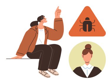 Woman gesturing upward beside a triangular bug alert sign and a circular avatar. Ideal for cybersecurity, user feedback, software testing, tech issues, alerts, problem-solving, digital safety. Simple