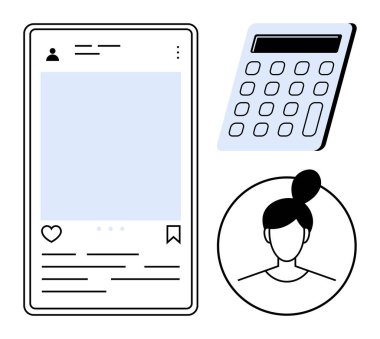 Social media interface, calculator, and female avatar. Ideal for communication, technology, productivity, user profile, social engagement education fintech. Simple flat metaphor