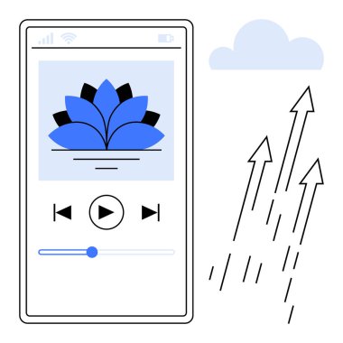 Smartphone displaying meditation app with floral logo, media controls, sound bar. Adjacent arrows indicate progress, growth, and aspiration. Ideal for wellness, focus, mindfulness growth