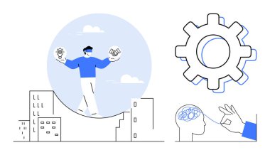 Person balancing light bulb, handshake over buildings symbolizing innovation, partnership. Gear and brain concepts reflect problem-solving, learning. Ideal for teamwork, brainstorming, progress