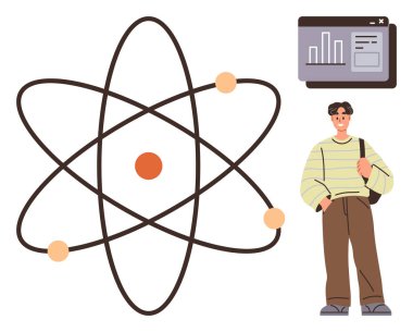 Atom model with orbits and nucleus, student carrying bag, and data dashboard. Ideal for education, science, learning, research, data analysis innovation knowledge. Simple flat metaphor