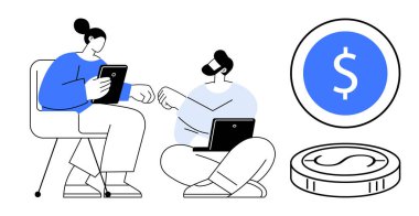 Two colleagues discuss finances using a tablet and laptop. Coins symbolize monetary concepts. Ideal for collaboration, technology, budgeting, business, investment, teamwork fintech. Simple flat