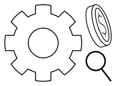 Gear with coin and magnifying glass emphasizing work, analysis, and economy. Ideal for development, research, business, efficiency, financial planning, operations simple flat metaphor