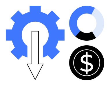Blue gear featuring downward arrow, pie chart, and dollar sign coin highlight process efficiency, resource management, and financial goals. Ideal for business, finance, analytics, manufacturing