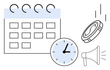Calendar, clock, coin, and loudspeaker illustrating scheduling, time management, productivity, reminders, financial planning, marketing initiatives and effective resource allocation within a simple