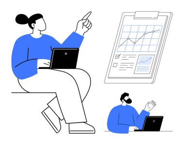 Person sitting with a laptop gesturing, colleague waving with laptop, and clipboard displaying a growth chart with data insights. Ideal for teamwork, data analysis, planning, education, productivity