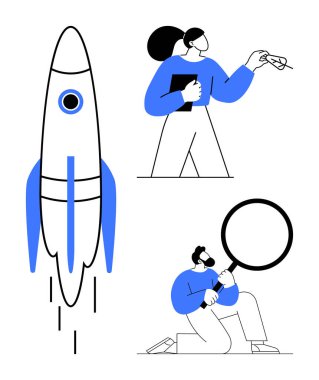 Rocket launch signifies innovation woman with clipboard and glasses symbolizes planning, while man with magnifying glass reflects analysis. Ideal for startup, teamwork, growth, innovation, research