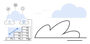 Data servers connected to a cloud network with icons for security, users, and global access. Ideal for technology, cloud storage, data replication, cybersecurity, networking, scalability