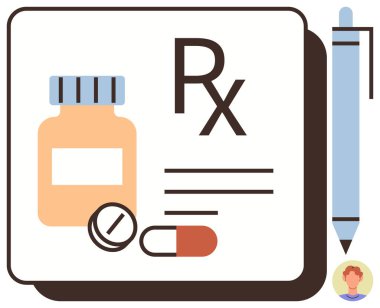 Medication bottle, capsule, tablet on prescription pad with Rx symbol, pen beside it. Ideal for healthcare, pharmacy, prescription, medical care wellness drug safety consultation. Simple flat