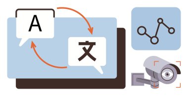 Two speech bubbles with language exchange arrows, analytics graph, and surveillance camera rotating. Ideal for technology, AI, translation, communication, security monitoring data. Minimalist flat
