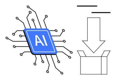 Blue AI processor chip with surrounding circuits paired with a large downward arrow pointing to an open box. Ideal for technology, AI integration, software, data storage, innovation, automation