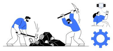 Two workers manually breaking rocks using tools, a woman operating a device with automation elements, and a gear icon. Ideal for labor, teamwork, automation, technology, industry, innovation