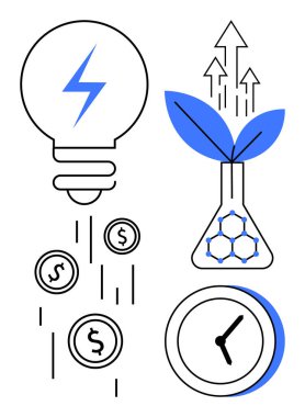 Light bulb with electric bolt, dollar coins, growing plant in flask, rising arrows, and clock. Ideal for sustainability, innovation, science, finance productivity progress simple flat metaphor