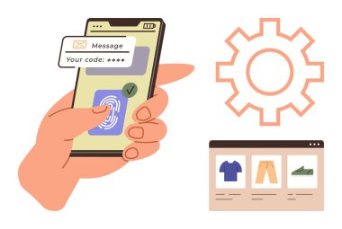 Hand holds phone with fingerprint scanner and secure code input. Display shows online store browsing. Ideal for cybersecurity, e-commerce, online shopping, verification, technology, data protection