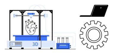 3D printer creating a human heart accompanied by a laptop, test tubes, and a gear. Ideal for technology, healthcare, innovation, engineering, research education and future concepts. Simple flat