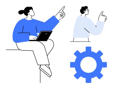 Two individuals brainstorming, one seated with a laptop and another pointing upward near a gear. Ideal for teamwork, innovation, productivity, strategy, leadership, problem-solving, and process