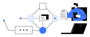 Flowchart elements linked to tasks, list in hands of person using tablet, laptop. Ideal for technology, workflow, business, teamwork, task management productivity innovation. Simple flat metaphor