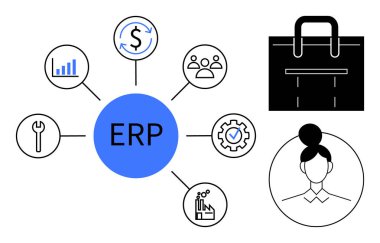Central ERP hub linked to finance, analytics, people, tools, production, and quality icons. Briefcase and user profile enhance flow. Ideal for business, workflow teamwork data flow finance