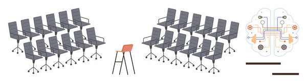 Rows of uniform grey office chairs with one unique red chair up front and a conceptual mind map. Ideal for leadership, innovation, individuality, technology, teamwork, decision-making