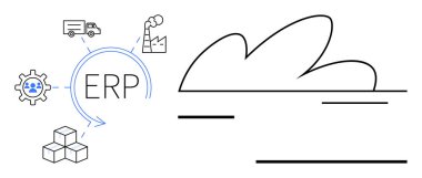 ERP system connecting factory, logistics, inventory via cloud. Ideal for business management, logistics, supply chain, manufacturing, data flow optimization teamwork. Simple flat metaphor