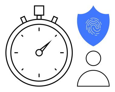 Stopwatch with shield displaying fingerprint beside a user symbol. Ideal for security, personal identity, authentication, data access, biometric login, time management, digital safety. Simple flat