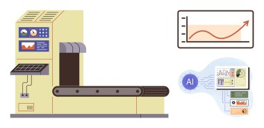 Automated machine with control panel and conveyor scanning for AI-based analysis. Graph shows upward trend. Ideal for manufacturing, analytics, automation, AI tools, workflow, innovation, simple flat