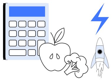 Calculator, apple, broccoli, lightning bolt, and rocket symbolize health, energy, nutrition, growth and innovation. Ideal for education wellness science productivity health-tech