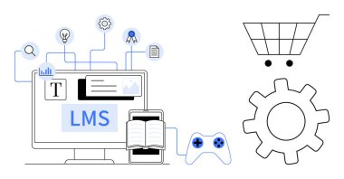 Computer with LMS interface, book, controller, cart, and gear. Ideal for education, e-learning, shopping tutorials online training strategy and user integration. Simple flat metaphor