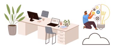 Modern desk setup with laptops, books, potted plants. Man kneels adjusting light bulb with gears. Cloud outline symbolizes innovation, teamwork, problem-solving. Ideal for creativity, growth