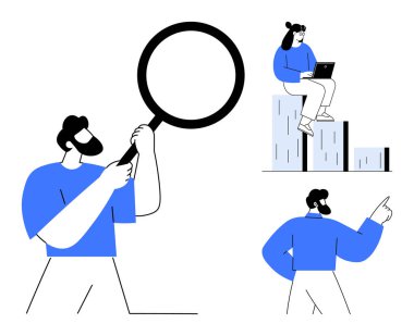 Person using magnifying glass for analysis, another climbing bar graph with laptop, and figure pointing forward. Ideal for business, teamwork, data analysis, success, growth, research strategy