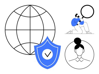 Globe, shield with checkmark, person analyzing with magnifying glass, and female user icon. Ideal for online security, data protection, identity verification, privacy, compliance trust simple flat