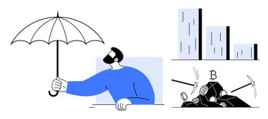 Man holding umbrella represents financial protection. Bar chart shows growth metrics while Bitcoin mining tools depict cryptocurrency themes. Ideal for finance, strategy, investment, cryptocurrency