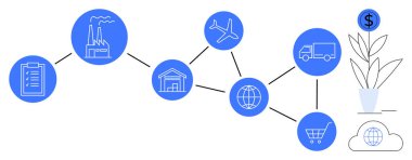 Factory and warehouse linked to transport, e-commerce, and sustainability. Ideal for logistics, supply chain, manufacturing, transportation, e-commerce economics environmental impact. Modern