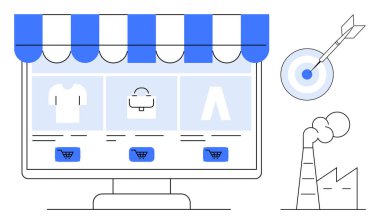 Digital storefront with products and carts on a screen, factory emitting smoke, and target with arrow. Ideal for online sales, marketing, e-commerce, sustainability, retail, targeting and consumer